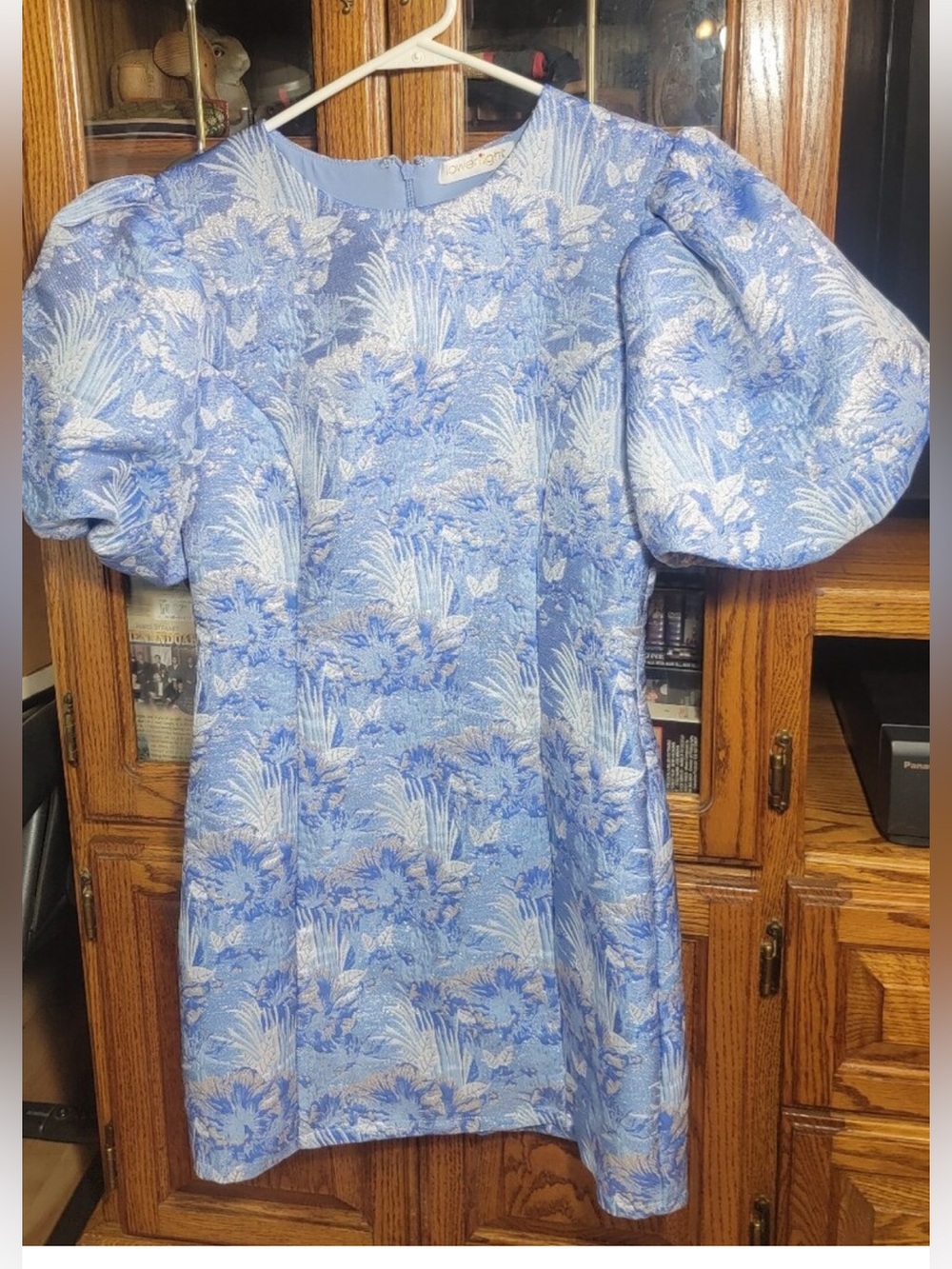 Lowerright Blue Floral Jacquard Mini Cocktail Dress with Puff Sleeves Small